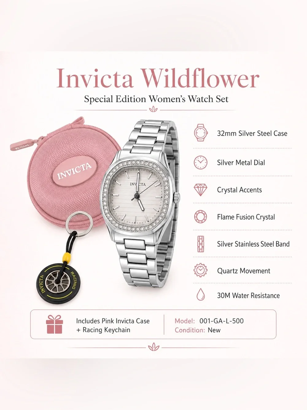 NEW Invicta Wildflower Women’s Silver Crystal Watch Gift Set – 32mm